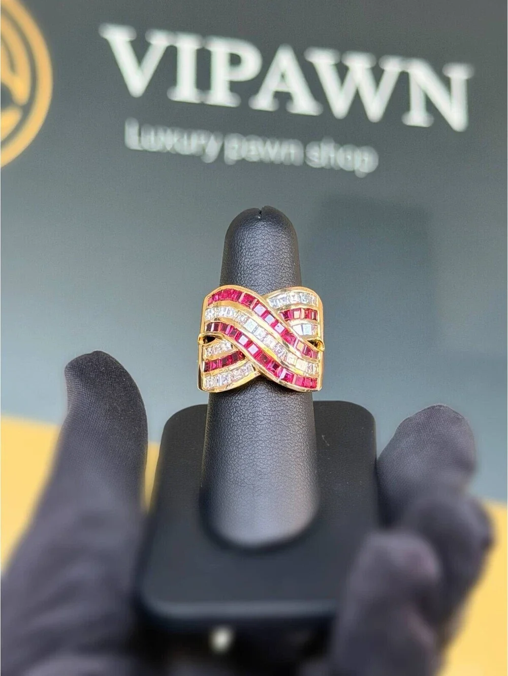 18k Yellow Gold Princess Cut Natural Diamond Ruby Crossover Cocktail Ring Sz 8